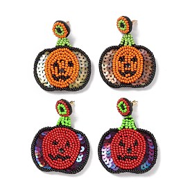 Halloween Pumpkin Glass Seed Braided Dangle Stud Earrings, 316 Stainless Steel Wraped Jewelry for Women