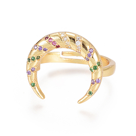 Adjustable Brass Micro Pave Cubic Zirconia Finger Rings, Long-Lasting Plated, Double Horn/Crescent Moon, Colorful