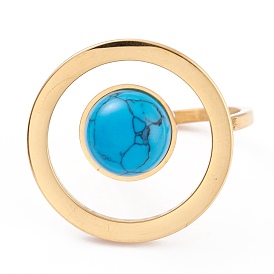 Ion Plating(IP) 304 Stainless Steel Finger Rings, with Synthetic Turquoise Round Bead
