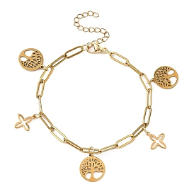 304 из нержавеющей стали шарм браслеты, браслеты-цепочки со скрепками для женщин, плоский круг с деревом жизни и крестом