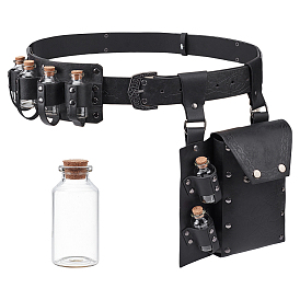 1Bag Rectangle PU Leather Medieval Waist Belt Bag with 2Pcs Glass Potion Bottles, with Alloy Buckle, with 1Bag Medieval PU Leather Waist Belts