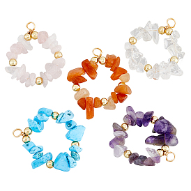 20Pcs Natural & Synthetic Chip Gemstone Copper Wire Wrapped Pendants, with Brass Beads, Mixed Dyed and Undyed, Ring Charm