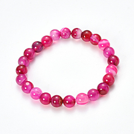 Natural Striped Agate/Banded Agate Beaded Stretch Bracelets, Dyed, Round