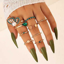 Green Diamond Butterfly Ring Set with Pearl Inlay - 8 Pieces
