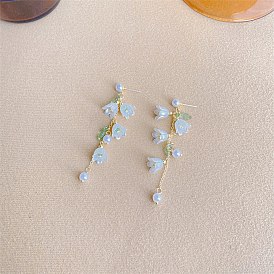 Flower Plastic Imitation Pearl Dangle Stud Earrings, Golden Alloy Chains Tassel Earrings, Light Sky Blue