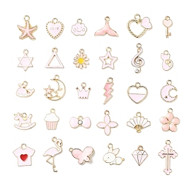 30Pcs 30 Style Light Gold Alloy Enamel Pendants, Mixed Shapes