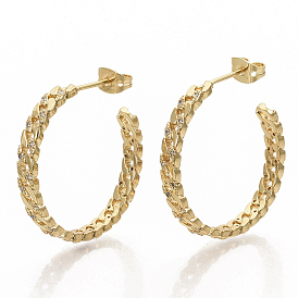 Brass Micro Pave Clear Cubic Zirconia Stud Earrings, Half Hoop Earrings, with Earring Backs, Curb Chain Shape, Real 16K Gold Plated