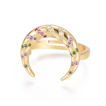 Adjustable Brass Micro Pave Cubic Zirconia Finger Rings, Long-Lasting Plated, Double Horn/Crescent Moon, Colorful