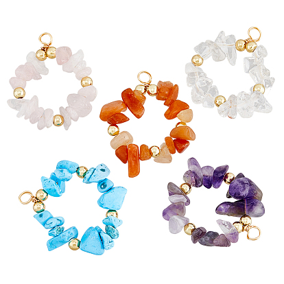 20Pcs Natural & Synthetic Chip Gemstone Copper Wire Wrapped Pendants, with Brass Beads, Mixed Dyed and Undyed, Ring Charm