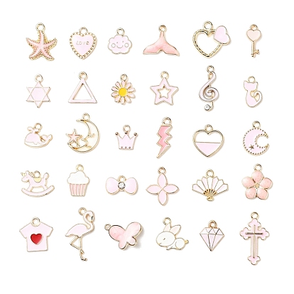 30Pcs 30 Style Light Gold Alloy Enamel Pendants, Mixed Shapes