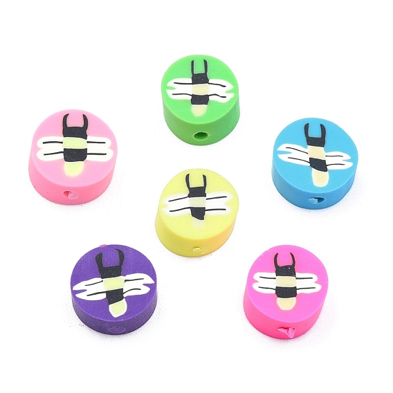 Handmade Polymer Clay Beads, Flat Round with Fly Pattern