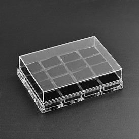 Boîtes parallélépipédiques d'affichage d'anneau en verre organique, avec velours, 16 compertments, 14.5x10.7x4 cm