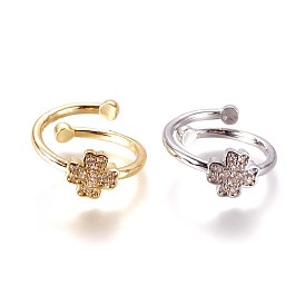 Adjustable Brass Micro Pave Cubic Zirconia Finger Rings, Clover, Clear