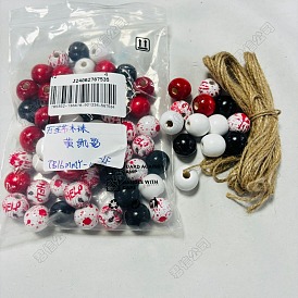 Halloween Theme Printed Natural Wooden Beads, with Jute Cord