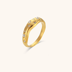 Irregular Zircon Inlaid Ring, Stainless Steel 18K Plated Fashionable Jewelry for Women