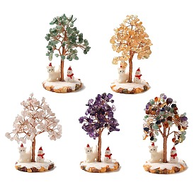 Christmas Natural Gemstone Chips Tree Decorations, Snowman Resin Base with Copper Wire Feng Shui Energy Stone Gift for Home Office Desktop