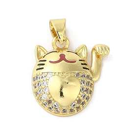 Rack Plating Brass Micro Pave Cubic Zirconia Pendants, with Enamel, Long-Lasting Plated, Cadmium Free & Lead Free, Lucky Cat Charm