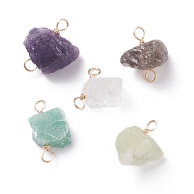 Natural Gemstone Connector Charms, with Eco-Friendly Golden Tone Copper Wire Wrapped, Nuggets