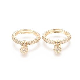Adjustable Brass Micro Pave Cubic Zirconia Rings, Long-Lasting Plated, with Heart Charms