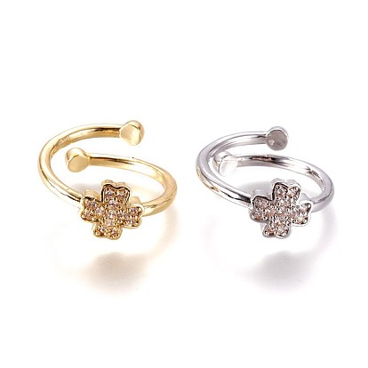 Adjustable Brass Micro Pave Cubic Zirconia Finger Rings, Clover, Clear