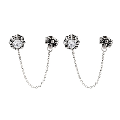 Halloween Spider 316 Surgical Stainless Steel Pave Clear Cubic Zirconia Dangle Chains Stud Earrings, Asymmetrical Earrings for Women