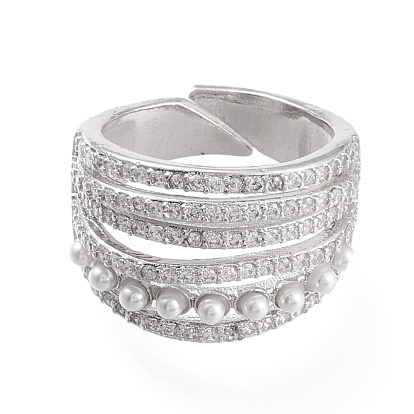 Adjustable Brass Micro Pave Clear Cubic Zirconia Cuff Rings, Open Rings, with Acrylic Pearl, Long-Lasting Plated