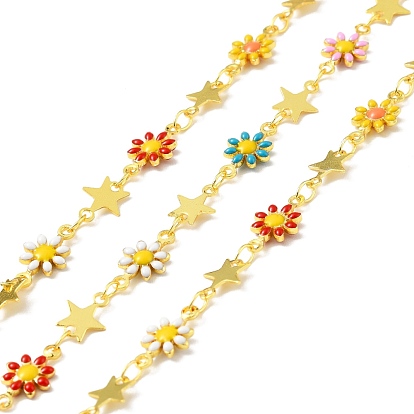 Handmade Brass Flower & Star Link Chains, with Enamel, Long-Lasting Plated, Soldered, with Spool