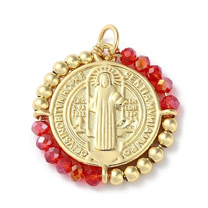 Rack Plating Real 18K Gold Plated Brass Saint Benedict Pendants, with Glass Beaded, Cadmium Free & Lead Free, Long-Lasting Plated