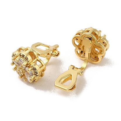 Rack Plating Real 18K Gold Plated Brass Sunflower Clip-on Earrings, with Cubic Zirconia and Glass, Long-Lasting Plated, Lead Free & Cadmium Free