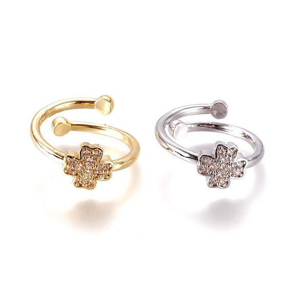 Adjustable Brass Micro Pave Cubic Zirconia Finger Rings, Clover, Clear