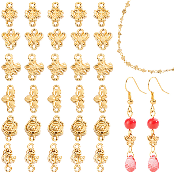 48Pcs 6 Styles 304 Stainless Steel Links, Flower Butterfly Connector Charms