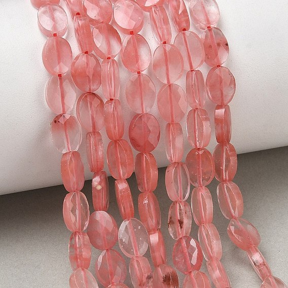 Cerise synthétique perles de verre de quartz brins, facette, Ovale Plat