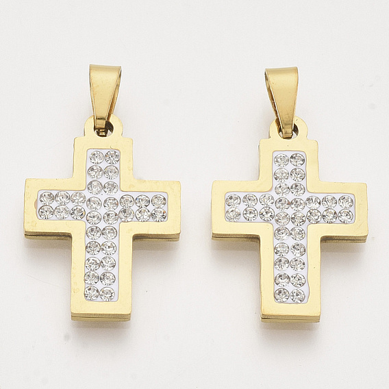 201 Stainless Steel Pendants, with Random Size Snap On Bails and Polymer Clay Crystal Rhinestones, Cross