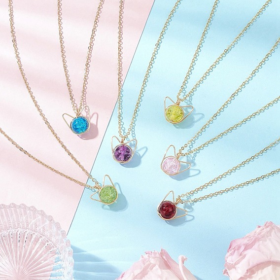 Стеклянные ожерелья с подвесками в форме кошки из медной проволоки, ожерелья-цепочки из латуни для женщин, золотые