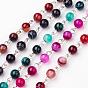 Handmade Dyed Natural Striped Agate/Banded Agate Beaded Chains, Unwelded, for Necklaces Bracelets Making, with Brass Eye Pin, Silver Color Plated