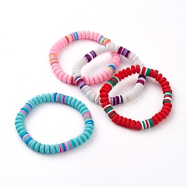 Handmade Polymer Clay Beaded Stretch Bracelets for Kids, Flat Round & Heishi Beads