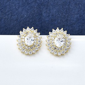 Женские серьги-гвоздики из латуни с микропаве и прозрачным кубическим цирконием, овальные