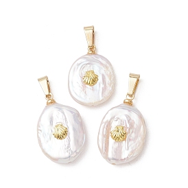 Подвески из натурального барочного жемчуга кеши, Овальные подвески в виде монет с пластинкой из ракушечника и 304 защелкивающимися креплениями из нержавеющей стали, белые