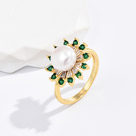 Brass Micro Pave Green Cubic Zirconia Flower Finger Ring, with Imitation Pearl Beads