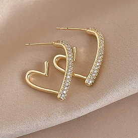 925 Silver Needle Simple Fashion Zircon Heart Earrings Real Gold Plating Exquisite Temperament Earrings Female