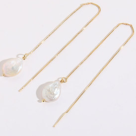 Freshwater Pearl Copper Chain Earrings with 14K Gold Plating