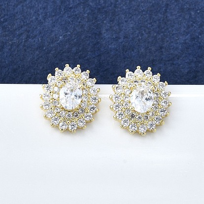 Женские серьги-гвоздики из латуни с микропаве и прозрачным кубическим цирконием, овальные