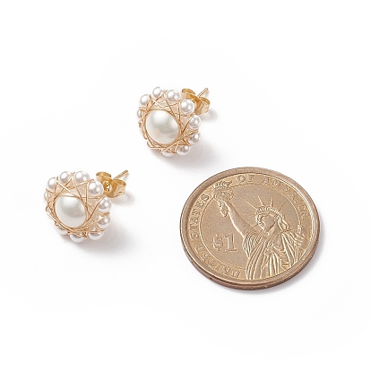 Shell Pearl Beaded Flower Stud Earrings, 304 Stainless Steel Wire Wrap Jewelry for Women