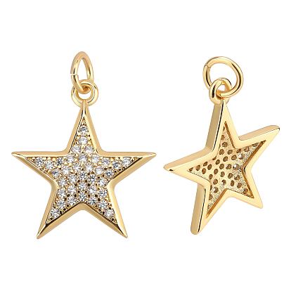 5Pcs Brass Micro Pave Clear Cubic Zirconia Pendants, with Jump Rings, Star