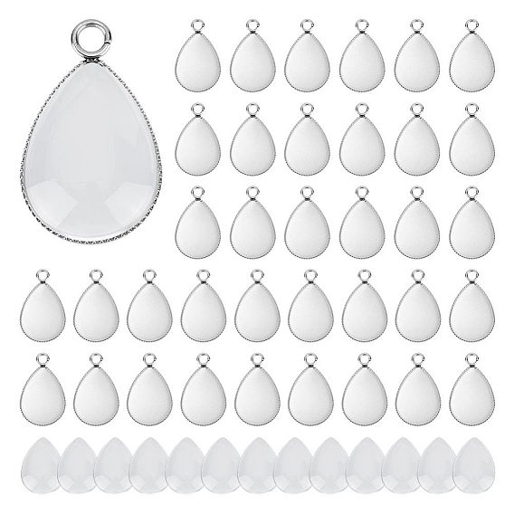 50шт 304 подвеска из нержавеющей стали с кабошоном, ободок с фрезерованным краем, капля, с кабошонами из прозрачного стекла каплевидной формы (шт.)