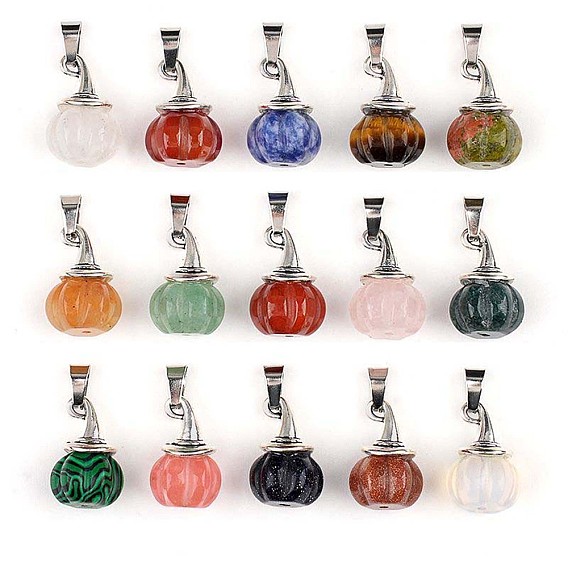 Природные и синтетические смешанные каменные подвески, подвески-тыквы с ведьминой шляпой из сплава и дужками из нержавеющей стали, старинное серебро и цвет нержавеющей стали, смешанные окрашенные и неокрашенные