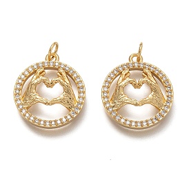 Brass Micro Pave Clear Cubic Zirconia Pendants, with Jump Rings, Long-Lasting Plated, Flat Round with Hand Heart
