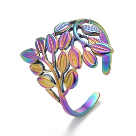 Rainbow Color Ion Plating(IP) 304 Stainless Steel Leaf Wrap Open Cuff Ring for Women