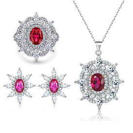 Vintage Ruby Jewelry Set - Simple Dan Shape S925 Sterling Silver Earrings, Necklace and Ring Trio