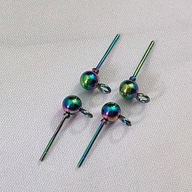 Rainbow Color 304 Stainless Steel Ball Stud Earring Post, Stud Earring Findings, with Horizontal Loops